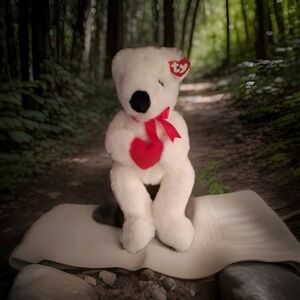 Vintage TY Romeo Bear Beanie Buddy 1997 White Plush Stuffed‎ Animal Red Heart
